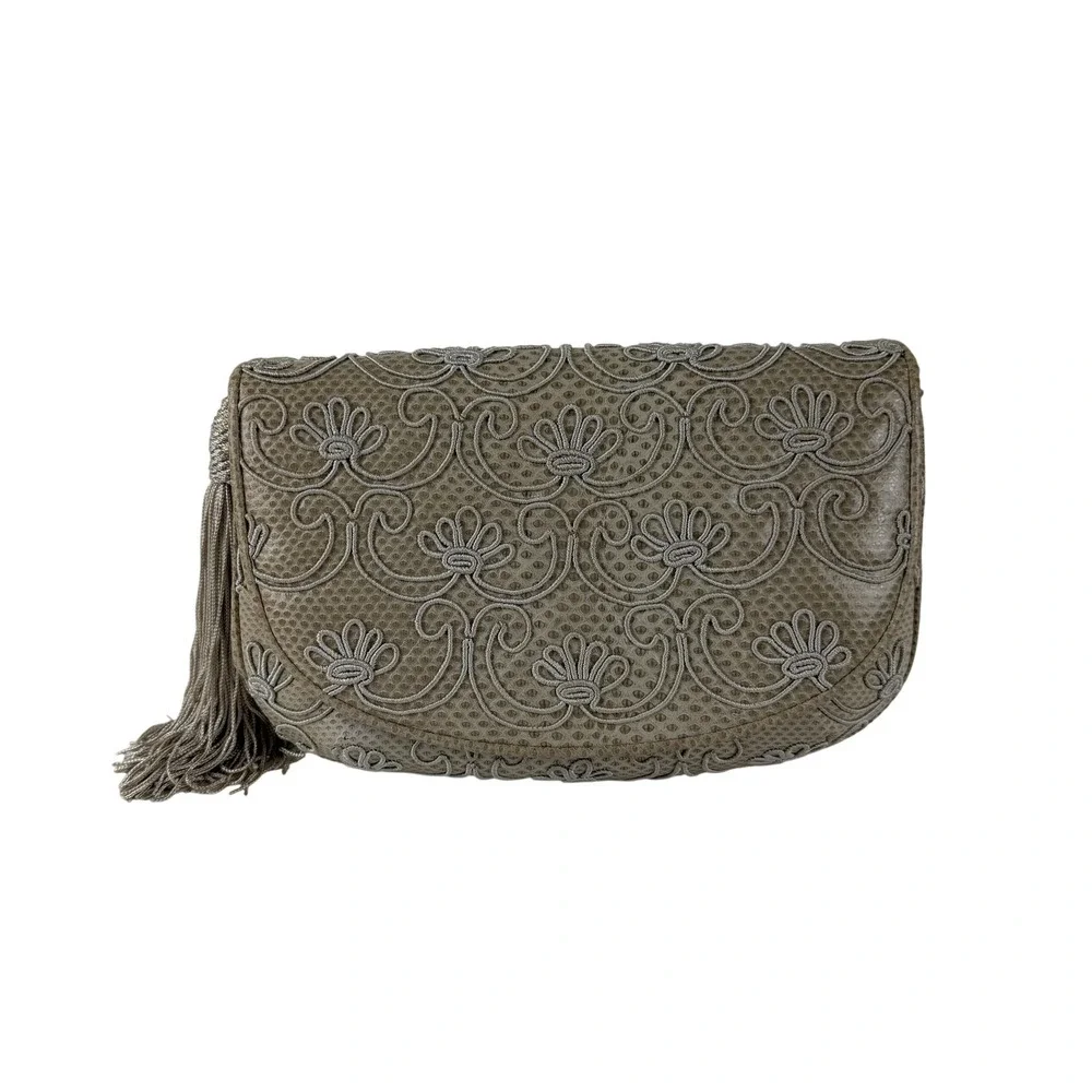 Vintage Judith Leiber Clutch Bag Womens Beige Reptile Leather Chain Tassel Italy